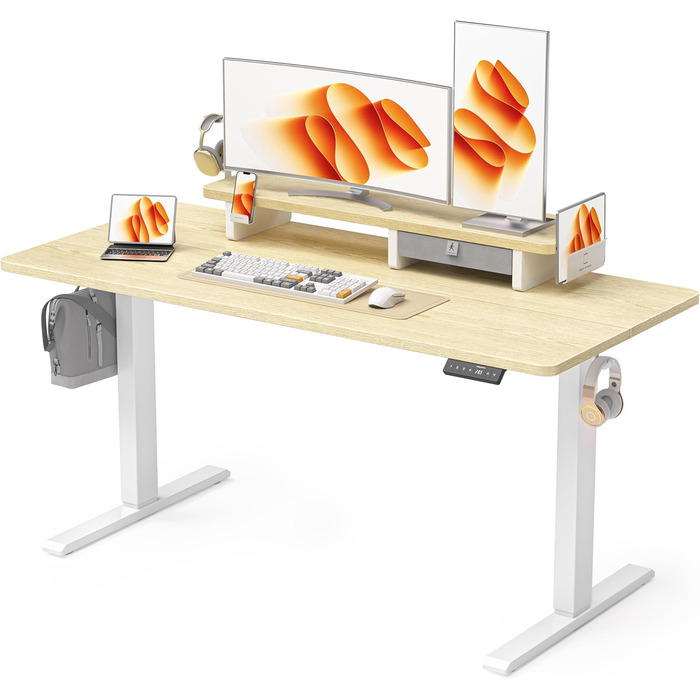 Electric Standing Desk with Drawers - Adjustable Height Desk for Home Office & Business - Monitor Stand & Phone Holder - 140x60cm Oak Finish