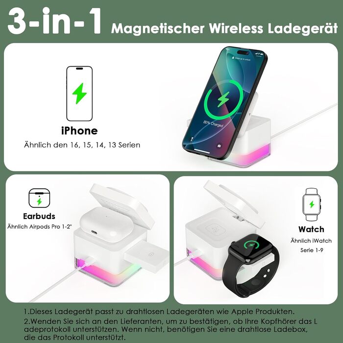 Бездротова зарядна станція 3-в-1 Minthouz Cube, швидка зарядка Qi 15W з багатокольоровою підсвіткою для iPhone 16, 15, 14, 13