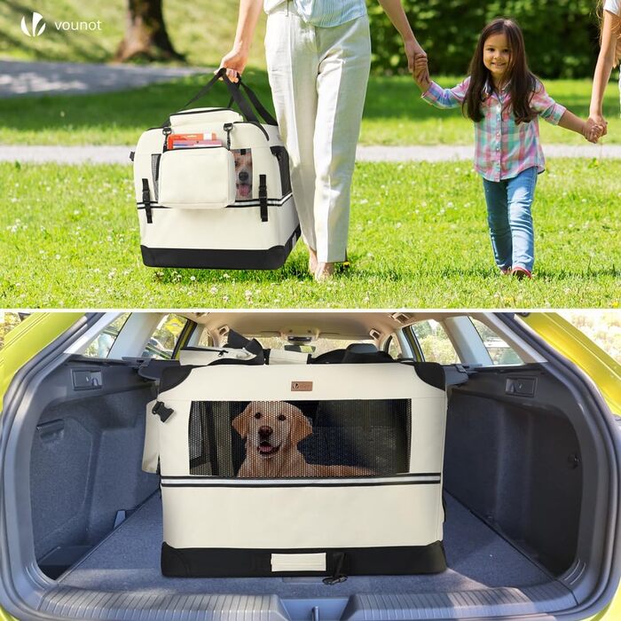 Транспортна переноска для собак та котів VOUNOT, складана, 82x60x60 см XL, з металевим каркасом та ручками, сітка, дихаюча, бежева