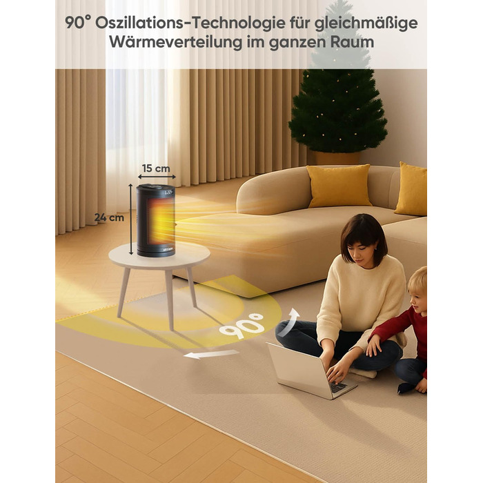 Електричний обігрівач з керамічним нагрівачем 1500W з термостатом, захистом від перегріву, перекидання та для дітей, таймером 12 год, дистанційним керуванням (Чорний, Classic)