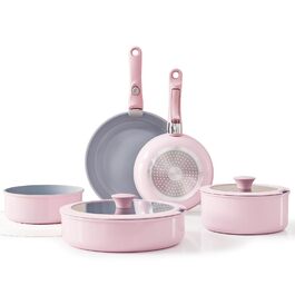 Набір керамічного посуду 9 предметів рожевого кольору: каструлі та сковороди з антипригарним покриттям, кришки, знімні ручки, для індукції та духовки