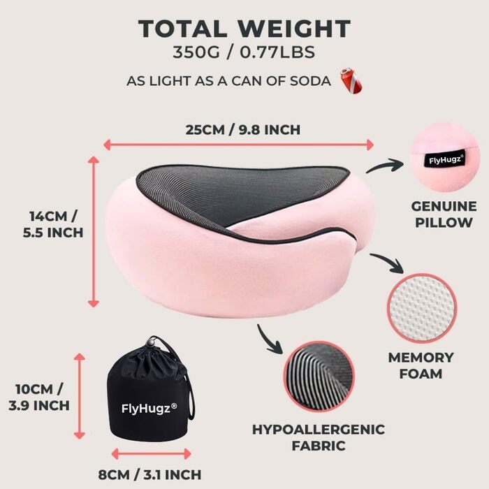 Подушка для шиї FlyHugz® з memory foam: комфорт у подорожах, для авто та дому. Рожева.