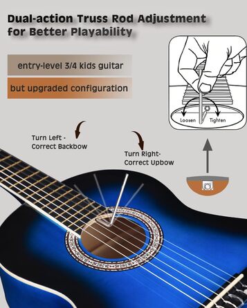 Кітара класична Winzz 4/4 для дорослих та дітей (від 11 років), чорний глянцевий, набір для початківців, 39 дюймів, блакитний (3/4)