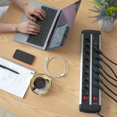 Мережевий фільтр Ucomen 10-фазний з USB та захистом від перенапруги (3680W 16A) для комп'ютерних столів, 20W USB-A та USB-C зарядка, кабель 1.5м