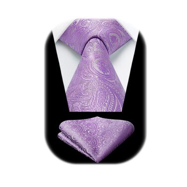 HISDERN Комплект краватки та нагрудного хустинки для чоловіків на весілля, патерн пейслі, жаккард, однотонні кольори (фіолетовий)