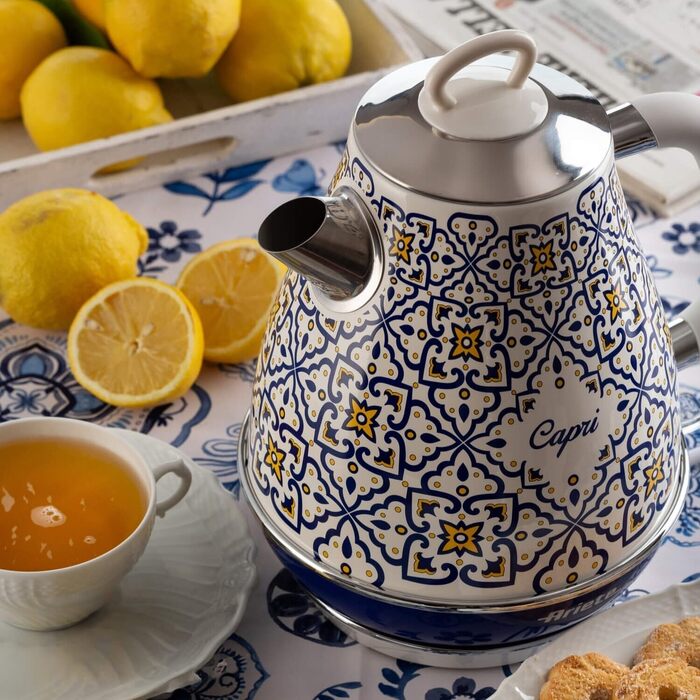 Ariete Vintage Electric Kettle 2869 - 1.7L Stainless Steel Retro Kettle with Water Level Indicator, Cordless 360° Base, Auto Shut-Off, Tea Infuser, Blue & White