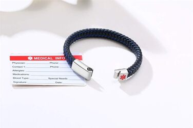 Мужской браслет-медический идентификатор PJ JEWELLERY из натуральной кожи с гравировкой и стальным магнитно-застежкой (черный/серебряный, АСТМА)