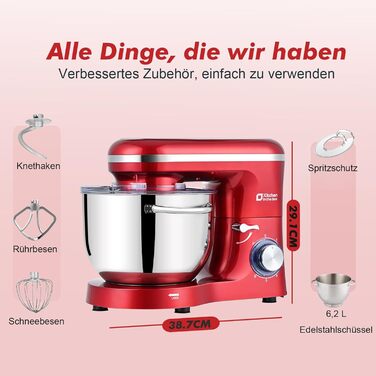 Кухонна машина Küchenmaschine 6.2 л, 1400 Вт, 6 швидкостей з набором насадок (міксер, гак для тіста, вінчик)