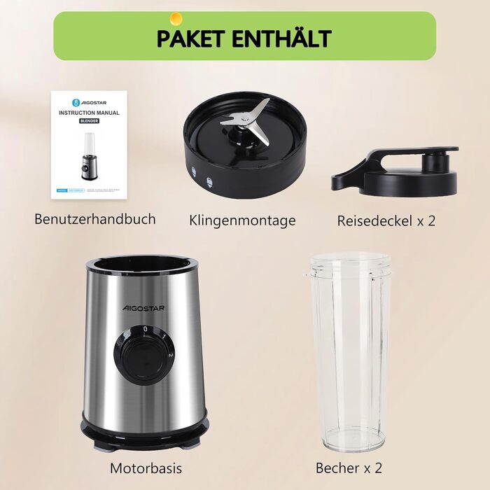 Блендер Aigostar для смузі, Mini Standmixer, 600W, 2 пляшки 800мл з кришкою, 2 швидкості + імпульсний режим, подрібнення льоду, пляшка Tritan, без BPA. Baron