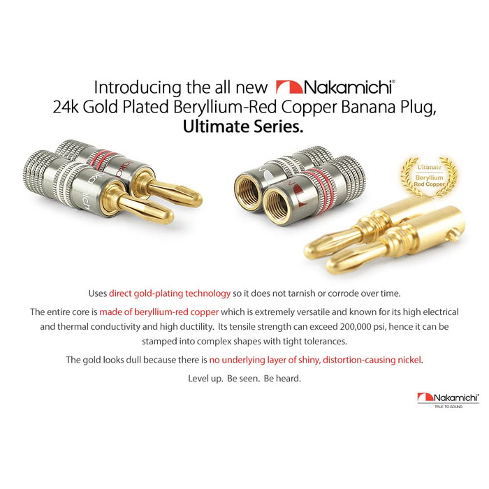 Бананові роз'єми Nakamichi Ultimate Series 24K позолочені берилієво-мідні конектори для акустичних кабелів 12-18 AWG, 4 мм, для HiFi колонок та підсилювачів, 10 шт (5 пар)