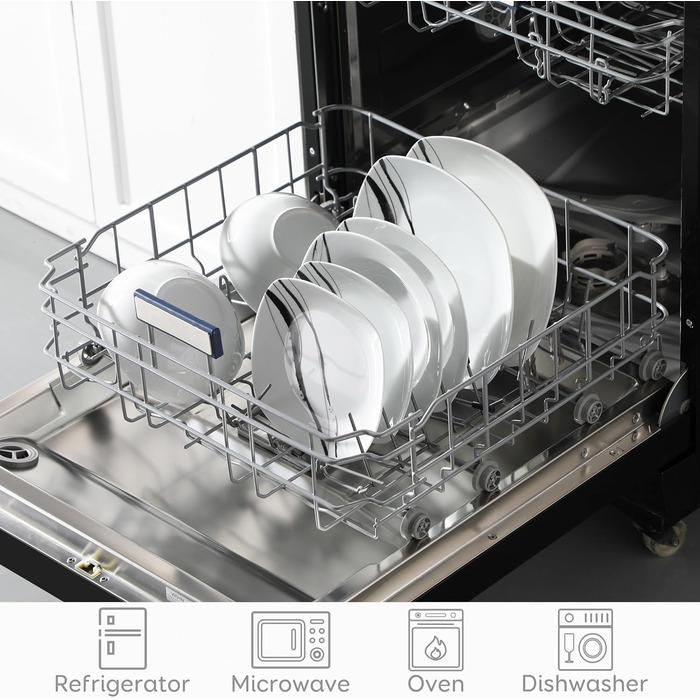 VEWEET Набір посуду з порцеляни для 4 осіб (24 елементи), серія FIONA: чорно-сірий декор, 12 елементів (тарілки та миски), підходить для щоденного використання, миється в посудомийній машині та розігрівається в мікрохвильовці