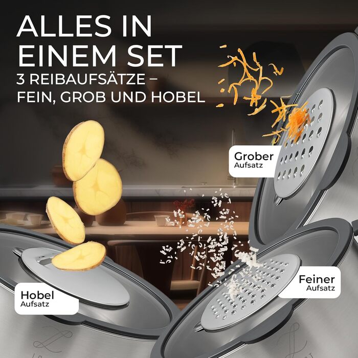 Набір мисок для перемішування Lort з нержавіючої сталі з кришкою та тертками | Набір кухонних мисок з антиковзким дном та можливістю складання | Салатник з 3 насадками-терками | Можна мити в посудомийній машині, нержавіюча сталь