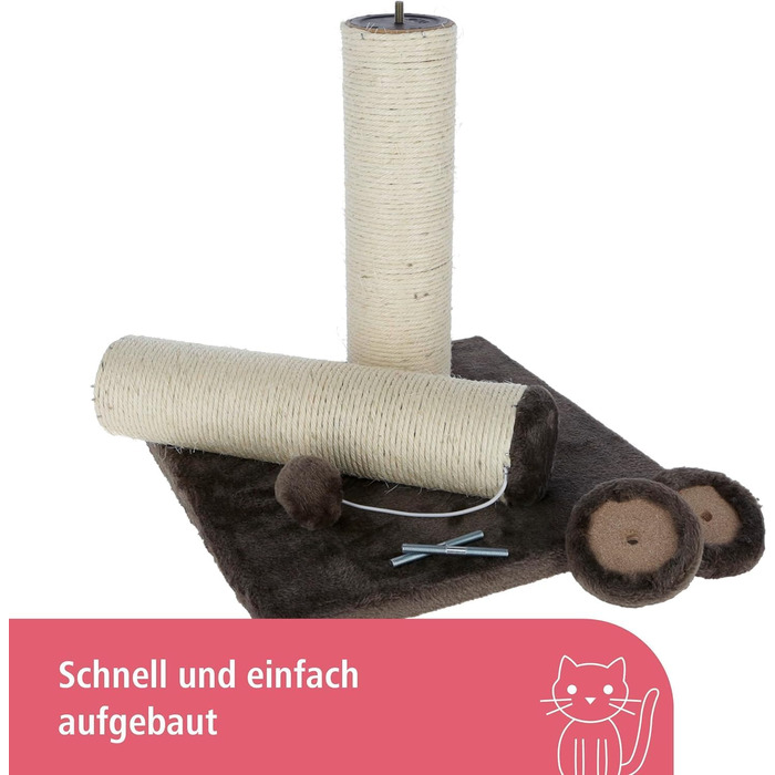 Дряпальня для котів Kerbl Opal Maxi, кігтеточка, сіра, з натурального сизалю, 38x38x78 см, для котів середніх розмірів, з мотузкою з сизалю, для догляду за кігтями, з плюшевою іграшкою