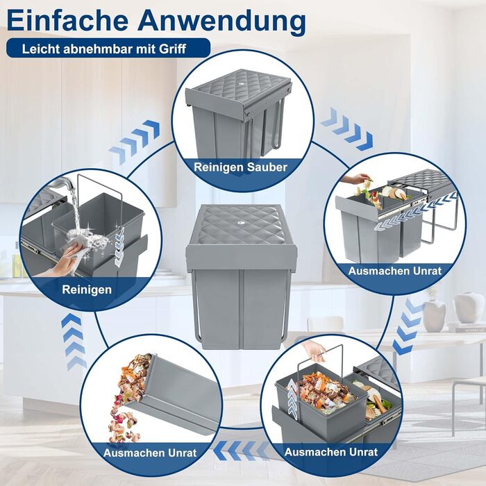 Вбудований контейнер для сміття HENGMEI, сірий, 2x20L (висувний, для кухні)