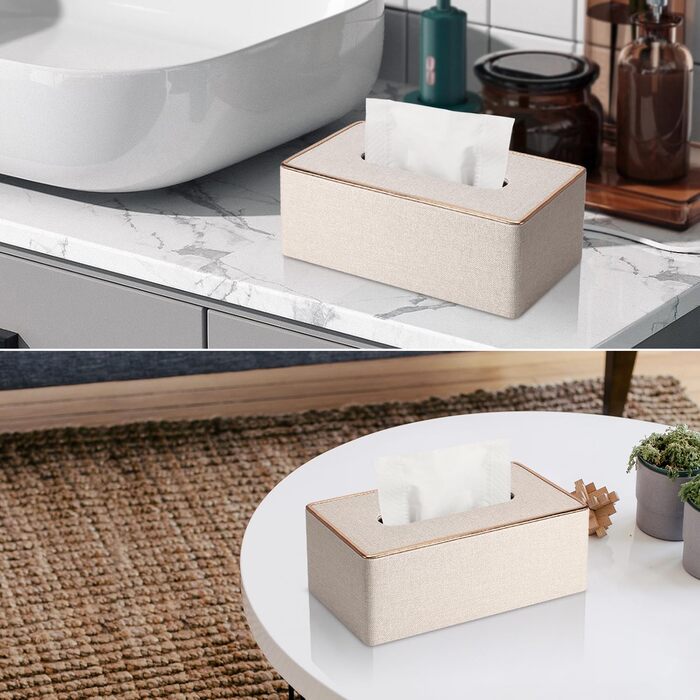 LADSTAG Tissue Box, PU Leather Tissue Box Cover with 4 Coasters, Tissue Box Cover for Rectangular Tissues, W x D x H: 25 x 13.5 x 9.5 cm (Beige)