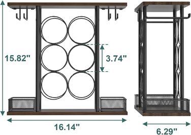 VyGrow Wine Rack with 3 Tiers, Wood and Metal, Easy to Assemble, for 6 Bottles and 4 Glasses at Home, 16 x 41 x 40.2 cm