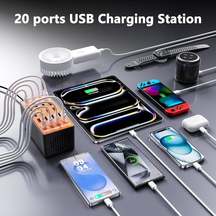 USB зарядний пристрій на 20 портів: Інтелектуальна станція для зарядки iPhone, Samsung, Google та інших пристроїв. Мережевий адаптер USB-хаб для десктопу