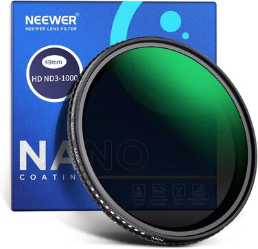 Фільтр ND3-ND1000 Neewer з регульованою щільністю, 49 мм, з HD-скла та подвійним нанопокриттям