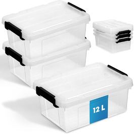 3-Piece Storage Boxes with Lid | BPA Free | With or Without Carrying Handle | Storage Containers with Reinforced Bottom Structure (12L, Without Carrying Handle - Transparent)
