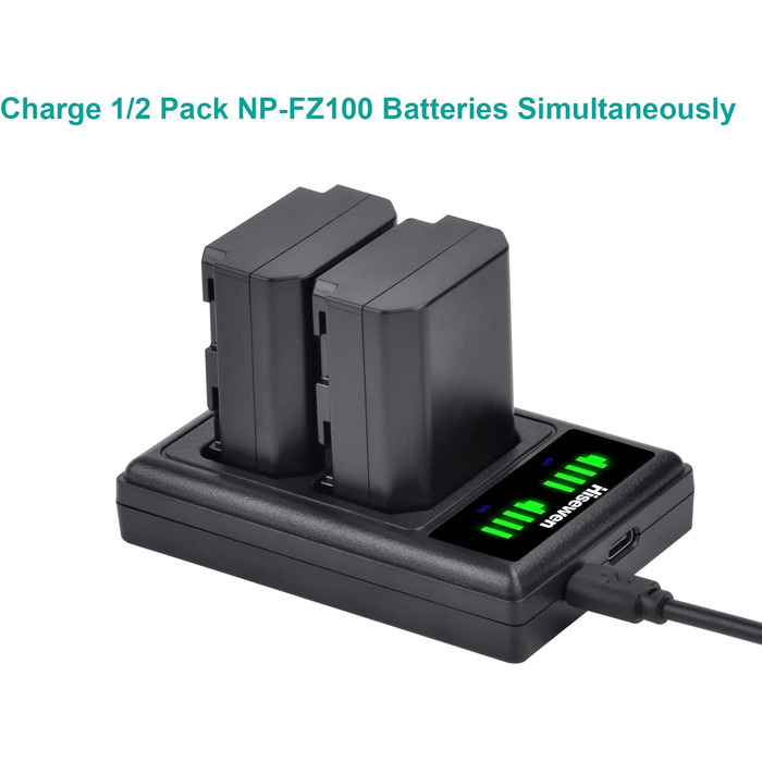Акумулятор Hisewen NP-FZ100 та подвійний зарядний пристрій для Sony ZV-E10 II, Alpha A7III, A7RIII, A7RIV, A7RV, A7SIII, A7C, A7C II, A7CR, A6600, A9, A9II, FX3