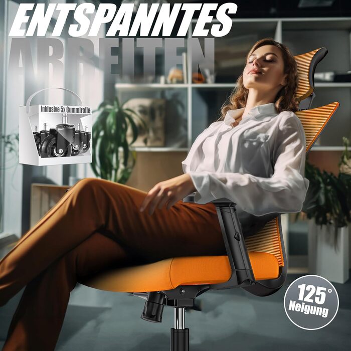 Офісне крісло KESSER® ергономічне з регульованими підлокітниками, підтримкою попереку та підголівником | Крісло для офісу з функцією гойдання до 125° та 5 колесами | Оранжево-чорний колір