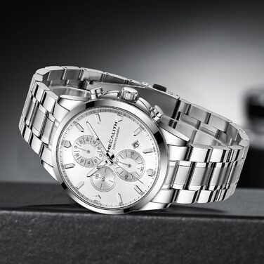 MEGALITH Чоловічий годинник з нержавіючої сталі, Хронограф, Водостійкий, Аналоговий годинник для чоловіків, Бізнес-дизайн, Календар, Світіння (B-silver)