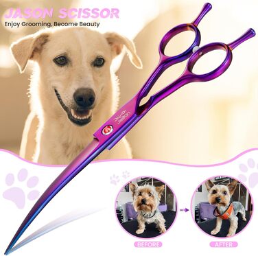 Професійна вигнута ножиця для собак JASON - 7,5' ножиця для грумінгу собак з японської нержавіючої сталі. Ножиці для догляду за шерстю собак та котів (вигнуті, фіолетові)
