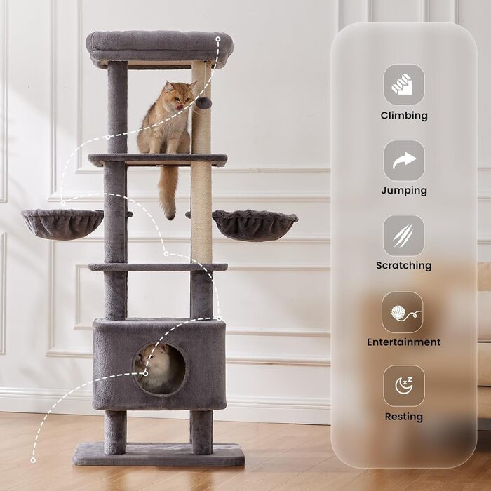 Кігтеточка-кімнатний комплекс Ґарднер Пет Катценбаум, 165 см, сіра. З платформами, кошиками та печерею для котів.