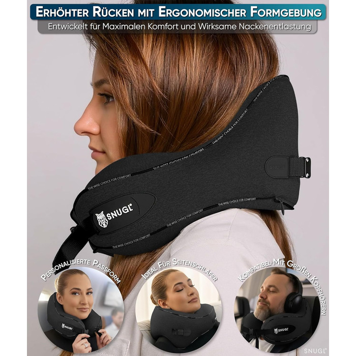 Подушка для шиї SNUGL з Memory Foam, регульована та миюча | Зручна подушка для подорожей на літаку, в авто та в дорогу | Подушка-шиїчкі SNUGL (Чорний, для дорослих)