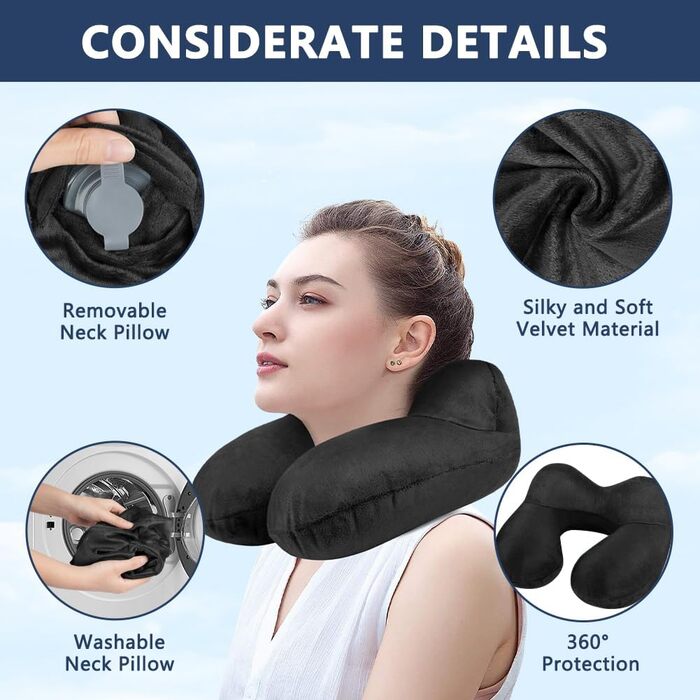 Надувна подушка для шиї Flintronic, ергономічна підголовник з велюровим чохлом, для подорожей та кемпінгу (темно-сірий)