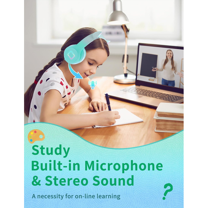 Бездротові навушники Bluetooth для дітей з LED-підсвіткою, котячими вушками та мікрофоном, HD стерео звук, складні, регульоване наголов'я, для дівчаток, PC/Tablet/навчання/школу (зелені)