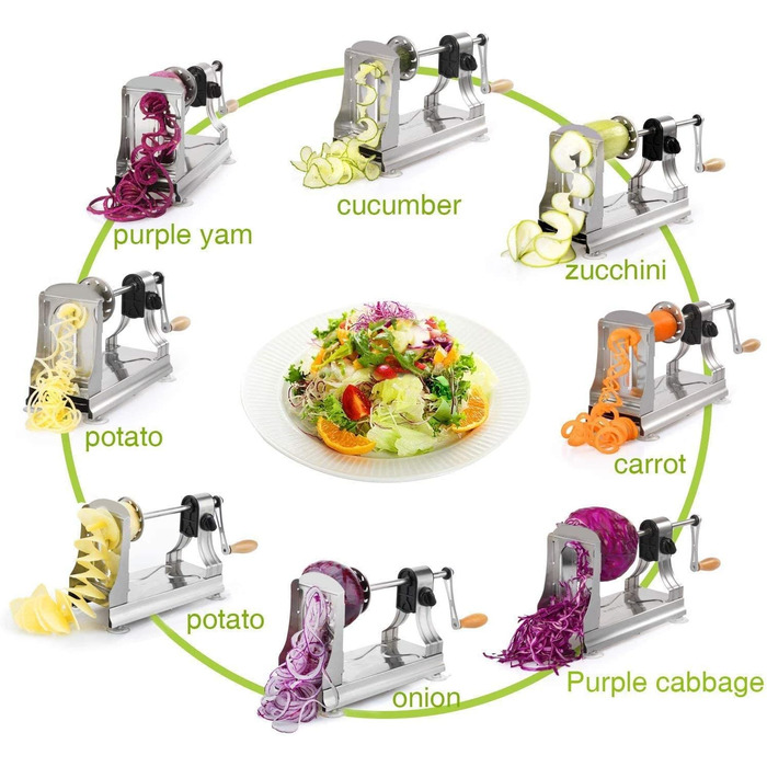 WellToBe CS 668 спіралізатор: ручний спіральний овочевий слайсер з 6 лезами та 4 присосками для приготування пасти, спіралей з овочів (морква, огірок, картопля, кабачок, гарбуз) з нержавіючої сталі