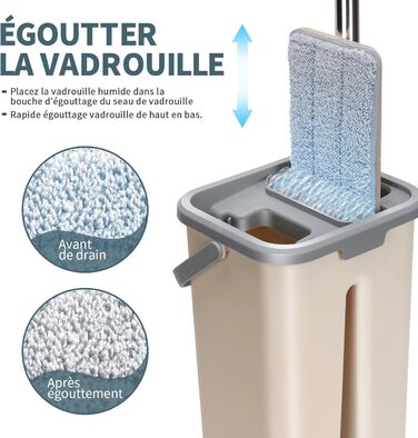 Набір для миття підлоги з відром, Masthome: компактний моп з відром та вичавкою, 3 мікрофібрових насадок, нержавіюча сталь, 2-в-1, для дерев'яних, плиткових та мармурових підлог, бежевий, 2.9л