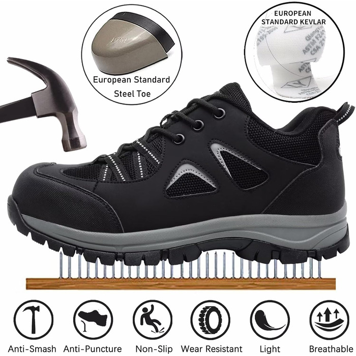 Черевики робочі чоловічі/жіночі, захисні, легкі, дихаючі, антиковзкі, з металевим підноском (чорні, 38 EU)