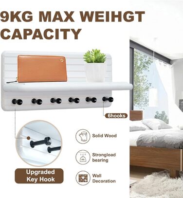 Дерев'яне ключниця з полицею та 6 гачками, ключниця на стіну для прихожого, коридору, кухні (білий)