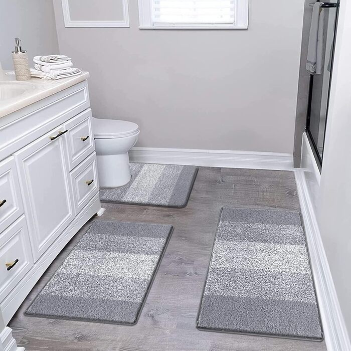Enyhom 3-Piece Microfiber Bath Mat Set - Non-Slip Bathroom Rugs & Toilet Mat Set - Soft & Washable - Grey - 45x65cm, 50x80cm, 50x60cm