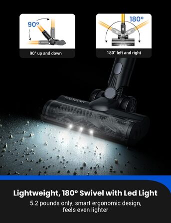 Бездротовий пилосос Proscenic P11 Ultra з акумулятором, легкий, самостійно стоячий, 50Kpa, 50 хвилин роботи, сенсорний екран, зелене світло, антизаплутування, для килимів, твердих поверхонь, штор, автомобіля, шерсті домашніх тварин (світло-жовтий)