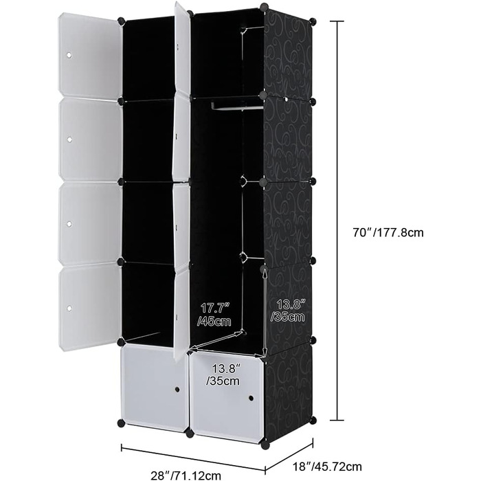 Regal system, 10 cubes, plastic wardrobe with doors, modular cabinet for space-saving storage, 70 x 45 x 175 cm, white door & black cabinet, for storing clothes, shoes, etc.