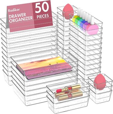 Radikor Drawer Organizer Inserts - 50 Piece Vanity Organizer in 4 Sizes, Drawer Organizer, Make Up Organizer, Drawer Organization System for Desk, Office, Kitchen, Bathroom
