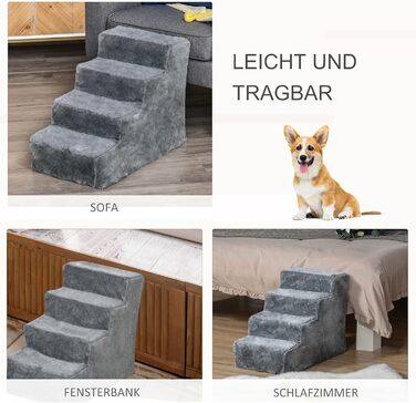 PawHut 4-Step Dog Stairs, 35cm Cat Stairs for Bed and Sofa, Pet Stairs for Dogs and Cats up to 5 kg, Plush Appearance (60L x 35W x 44H cm, Light Grey)
