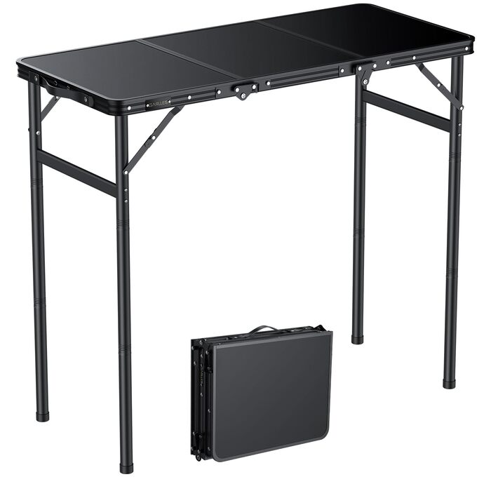 Складний кемпінговий стіл GARLLEN 60x40 см, регульована висота (27/51/75 см), чорний - для пікніка, саду, балкону, пляжу