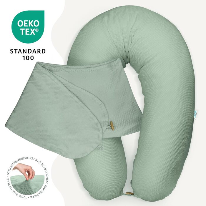 Ортопедична подушка для вагітних та годуючих Sei Design XXL з муслінової обтяжки, ергономічна, для сну на боці, комфортна для дорослих, 100% органічна бавовна (вафельна тканина м'ятного кольору, наволочка 190x30)