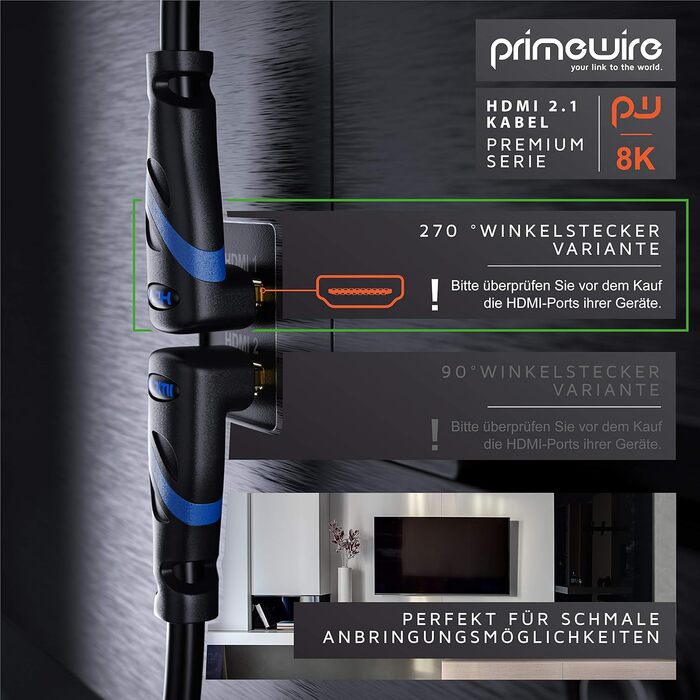 HDMI кабель 8K 2.1 з кутовим роз'ємором 90° - 3 метри - підтримка 8K@60Hz, DSC, HDR, eARC, VRR, Dolby Vision