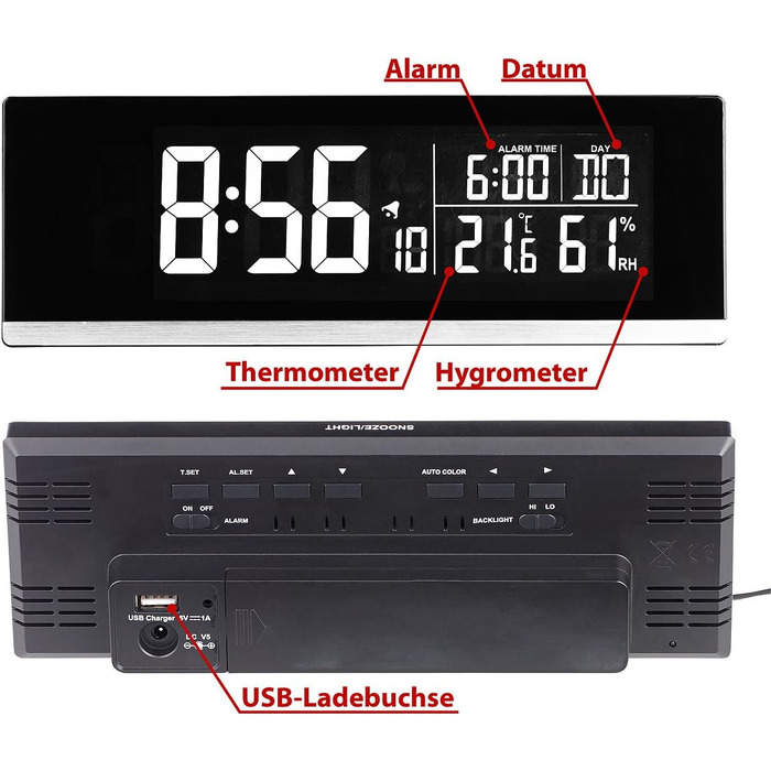 Infactory Table Clock with Thermometer: Table Radio Alarm Clock with Thermometer, Hygrometer, and USB Charging Port, 2A (Table Radio Clock, Digital Table Clock, Apple iPhone Charging Cable)