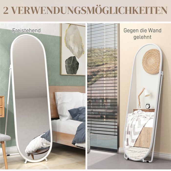 HOMCOM Full Length Mirror, 160 x 40 cm Wall Mirror with Stand, Metal Frame, Oval Standing Mirror for Living Room, Bedroom, White | Aosom