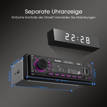 Автомобільна магнітола Bluetooth 5.0, FM/AM, 7 кольорів підсвічування, 1 DIN, стерео з 2 USB, AUX, MP3, підтримка iOS та Android, збереження 30 радіостанцій