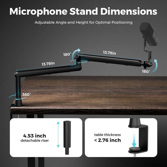 Підставка для мікрофона NearStream ST20 з поворотним кріпленням 360°, регульована висота та адаптер 3/8-5/8 - для подкастів, стрімінгу, геймінгу, офісу