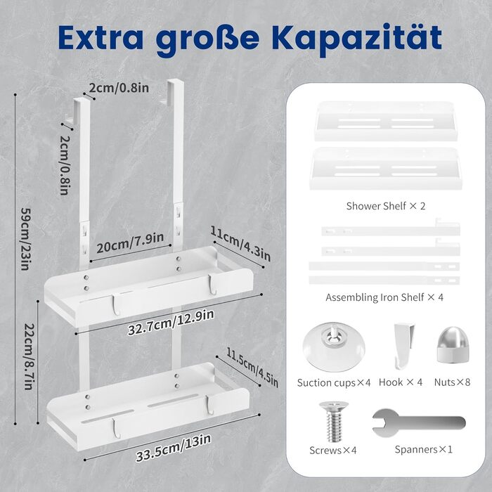 Поличка для душу MEIJO без свердління, органайзер для ванної кімнати з 4 гачками, білий