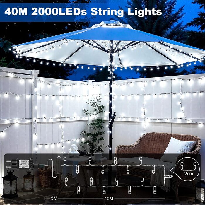 LED гірлянда 20 метрів, 1000 LED, для декору саду, балкону, весілля. 8 режимів, таймер, водонепроникність.