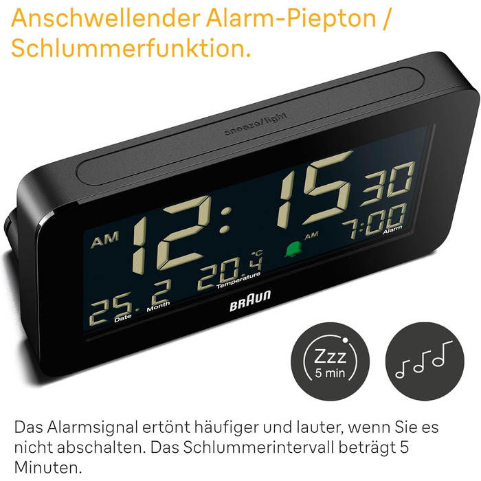 Braun Digital Alarm Clock with Date, Month, and Temperature Display, Negative LCD Display, Quick Set Function, and Gradual Alarm Sound in Black, Model BC10B.